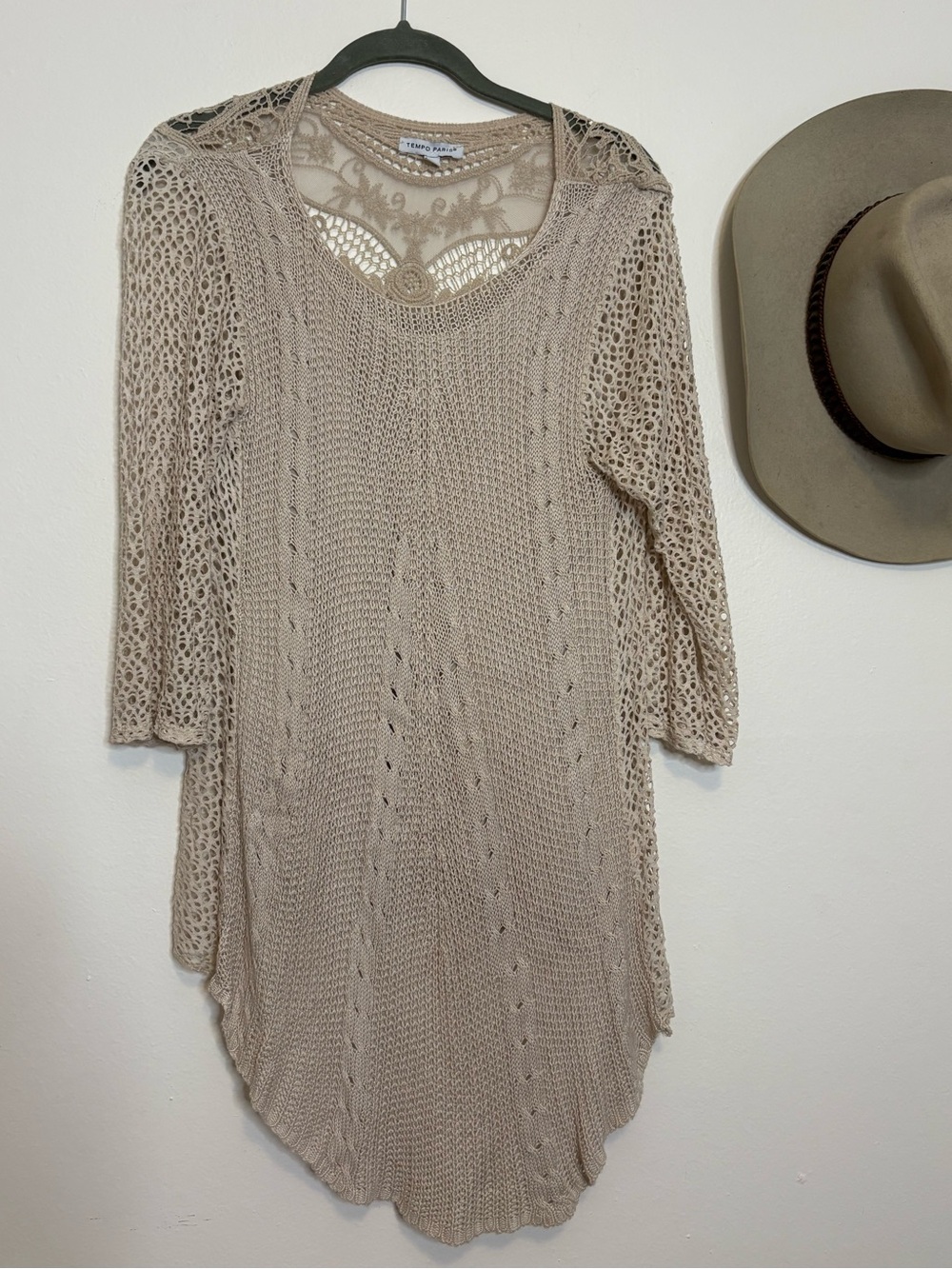 Free People Beige Crochet Knit Long Sleeve Tunic Dress